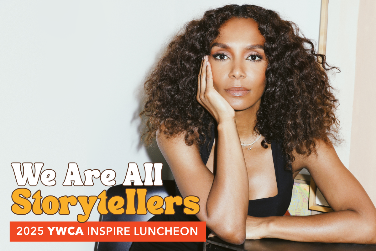 A photo of Janet Mock against an off-white background with "We Are All Storytellers 2025 YWCA Inspire Luncheon" in the bottom left corner