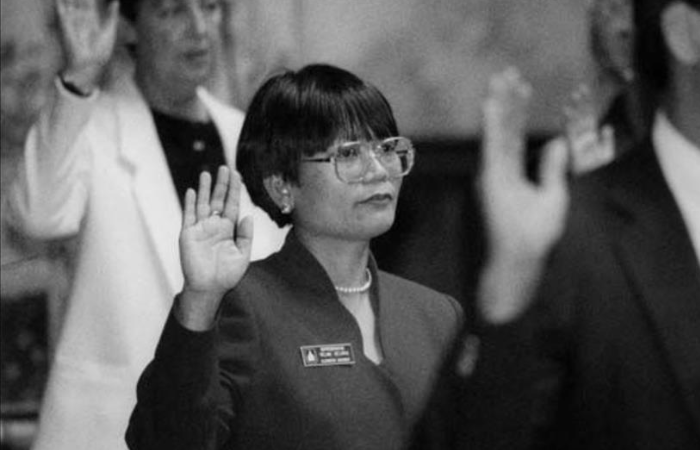 Velma Veloria, the first Asian American woman and the first Filipina American elected to the Washington State Legislature, taking oath of office at the Washington State House of Representatives, Olympia. (January 11, 1993)