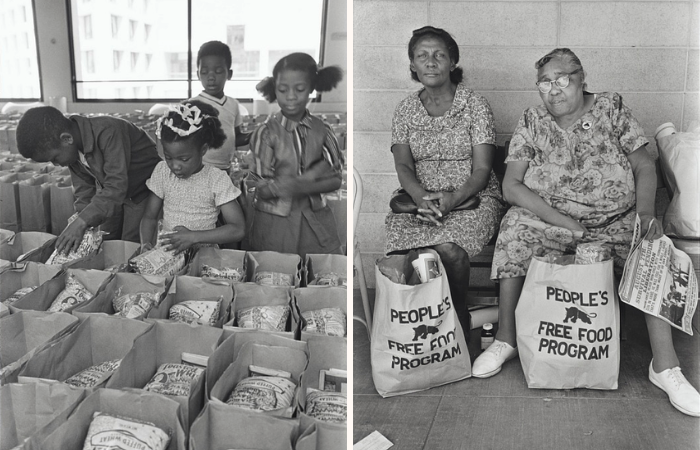 Children prepare bags of food for the Panther Free Food Program distribution at the Black Panther Community Survival Conference. Two women partake in the Black Panther's People’s Free Food Program in Palo Alto, CA. Smithsonian National Museum of African American History and Culture Photographer: Stephen Shames (1972)
