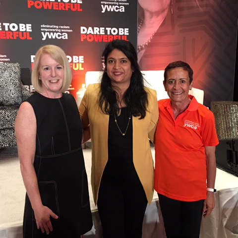 Akila Somasegar (center) at YWCA USA's 2019 National Conference&nbsp;with YWCA USA Board Chair Beth McCaw and Maria Chavez Wilcox