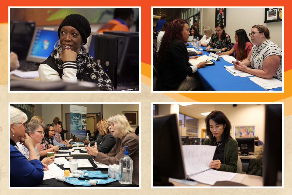 Photos showing some of our CareerWork$ and BankWork$ program participants in classes and networking with employers.