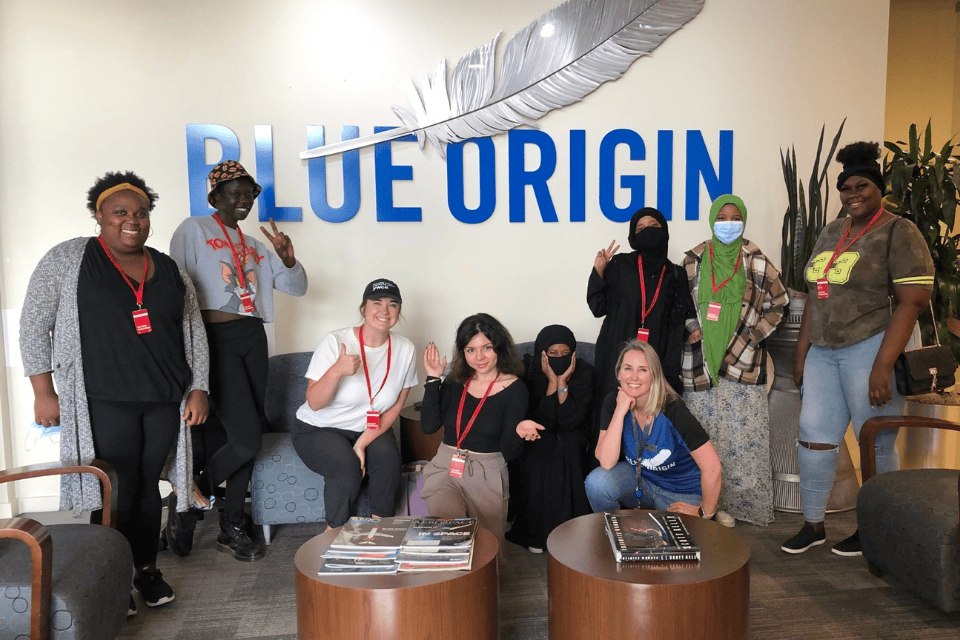 Photo of Femme2STEM program participants in Blue Origins office.